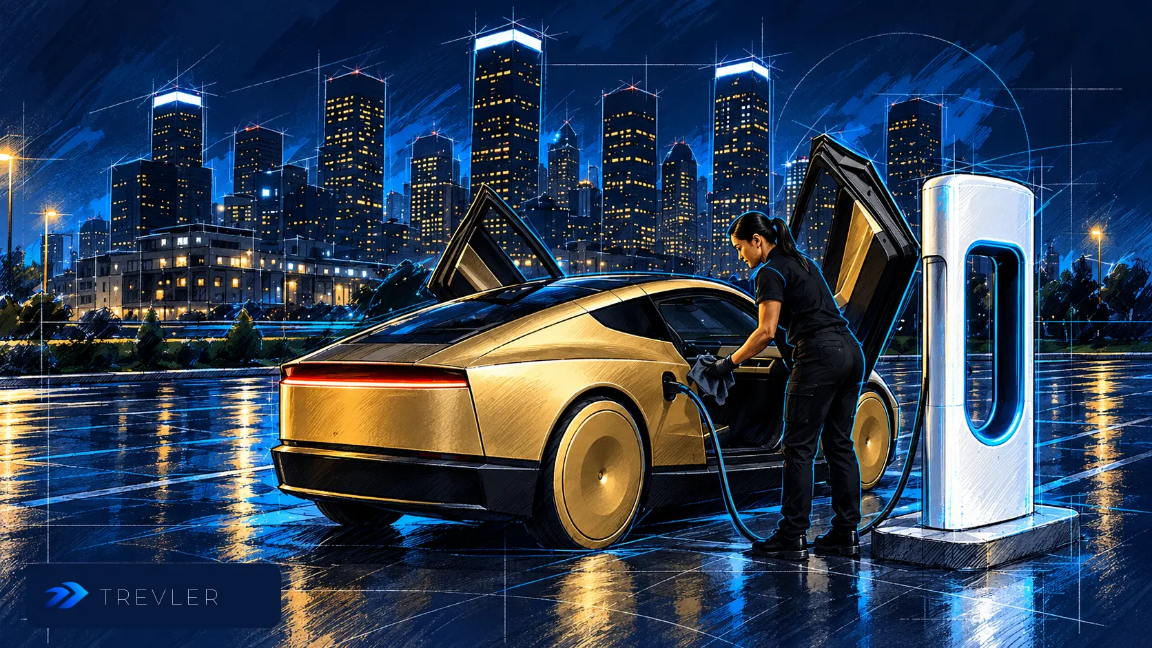 TREVLER blue sketch of a mobile technician servicing a gold robotaxi at a charging station